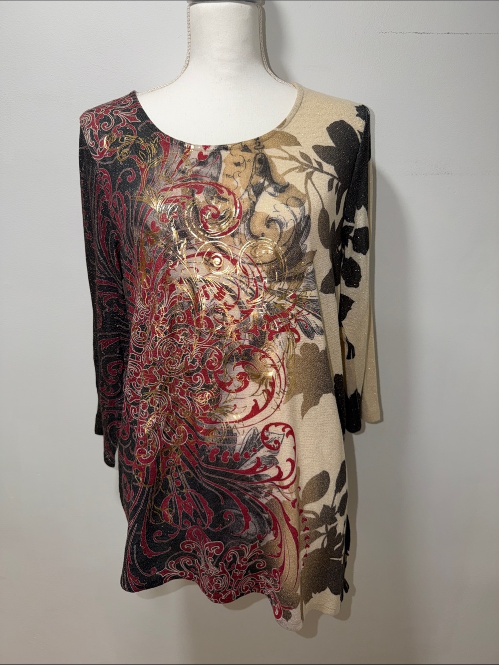 Chicos Womens Abstract Floral Metallic Asymmetrical Hem Grunge 90s Retro‎ Top